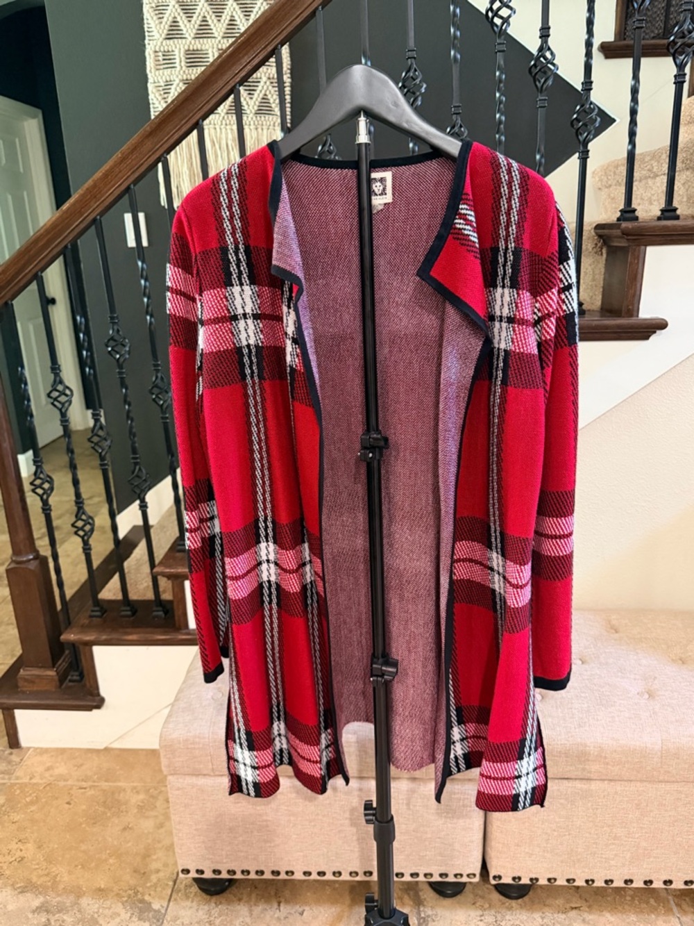 Anne Klein Red Plaid Open-Front Cardigan